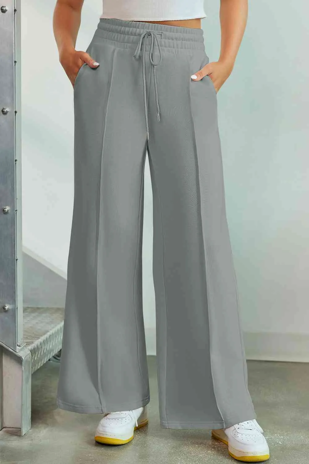 Polished Drawstring Wide Leg Pants With Pocket
