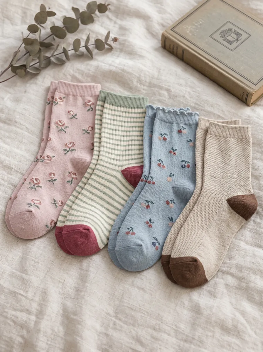 Women's Floral Striped Cherry Printed 4-Pack Crew Socks