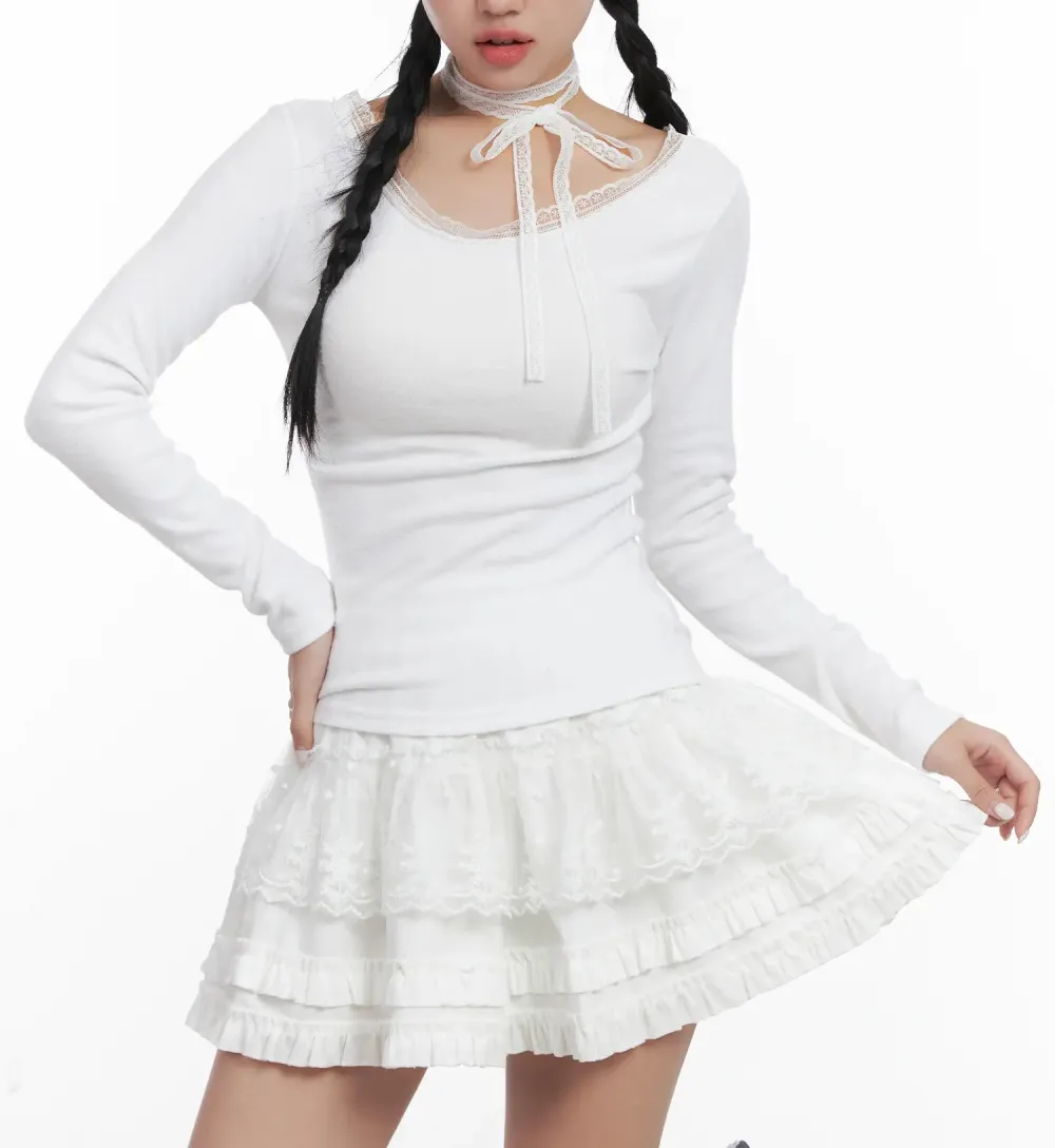 Lace Trim Long Sleeve Top & Scarf Set