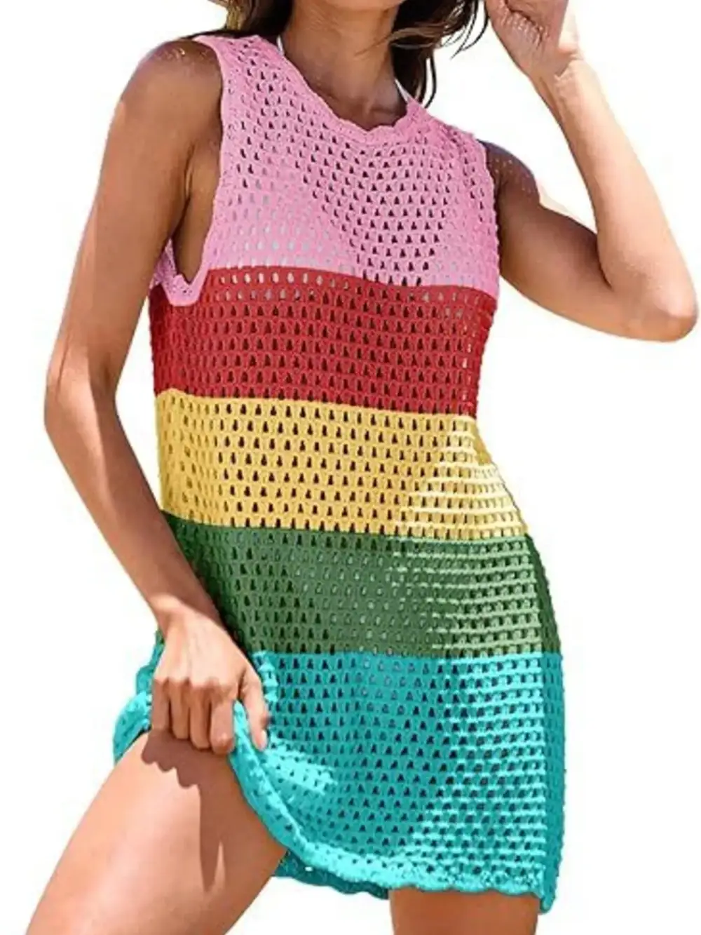 Blocked Pattern Openwork Sleeveless Panel Detail Swim Cover Up