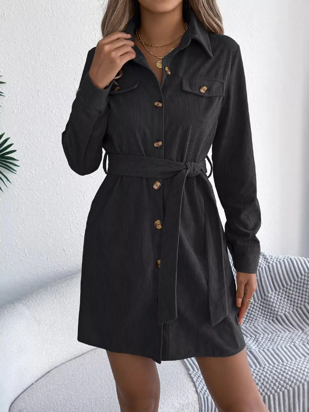 Structured Shape Corduroy Button Front Shirt Dress