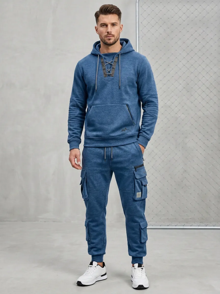 Functional Lace-Up Multi Pocket Essential Men's Lace Up Hoodie And Cargo Jogger Set