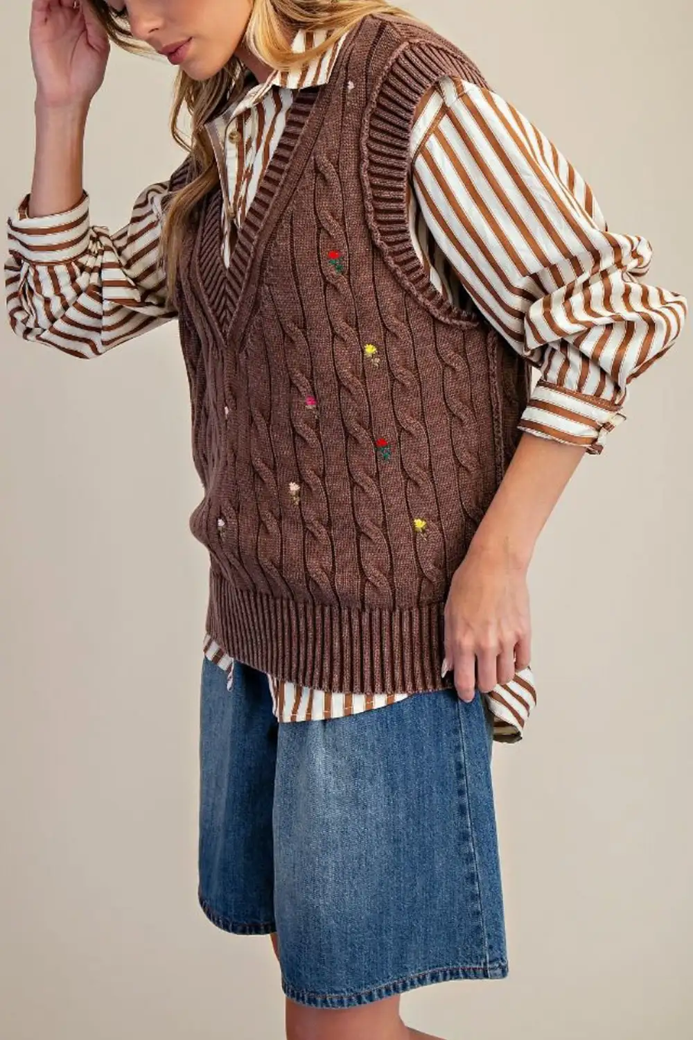 Floral Embroidered Oversized Relaxed Sweater Vest