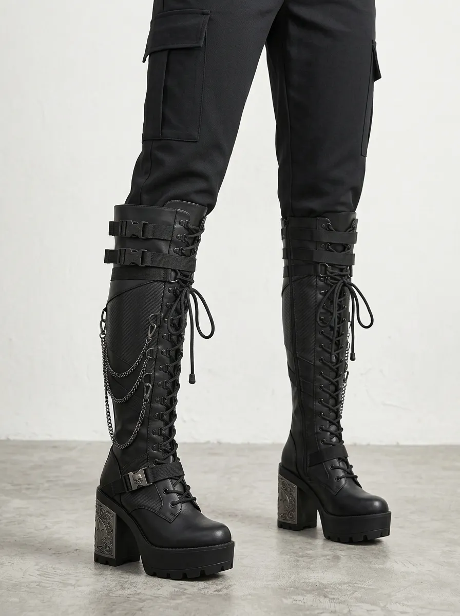 Ritual-Inspired Skull Lace Lace-Up Look Women's Gothic Platform Boots