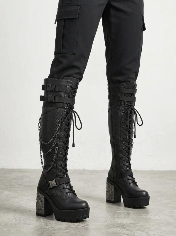 Ritual-Inspired Skull Lace Lace-Up Look Women's Gothic Platform Boots