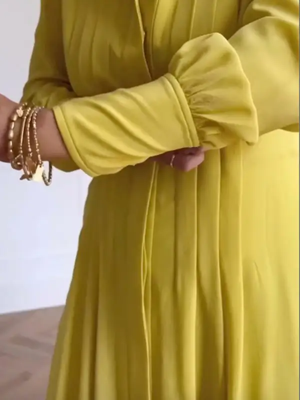 Pleated Buttoned Long Neck Maxi Dress