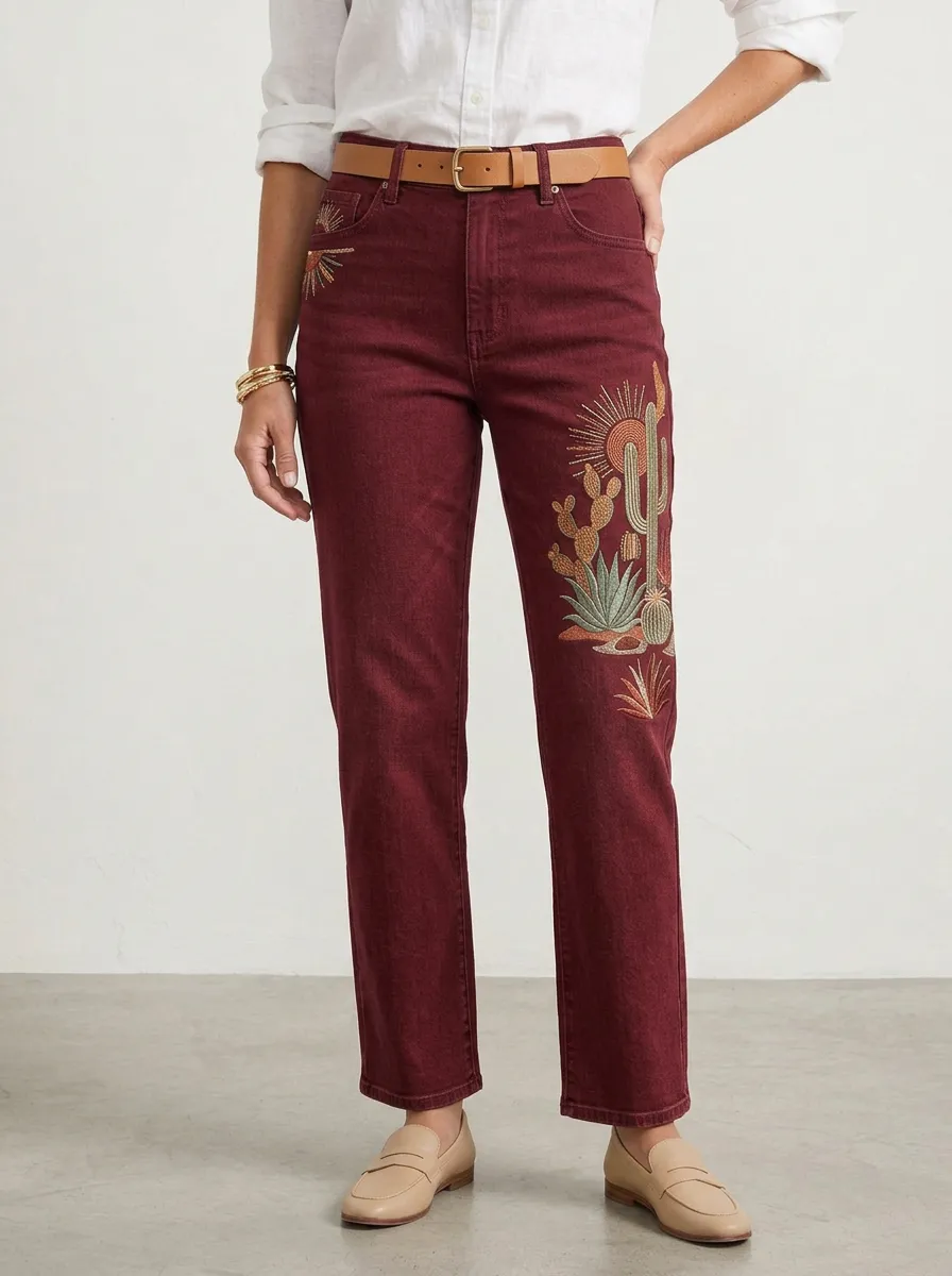 Women's Western Desert Cactus Embroidered Straight Leg Jeans