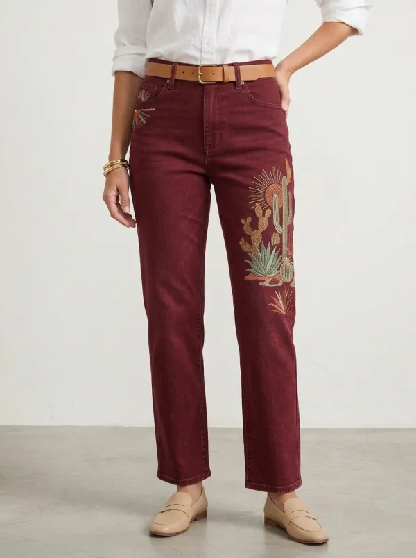 Women's Western Desert Cactus Embroidered Straight Leg Jeans