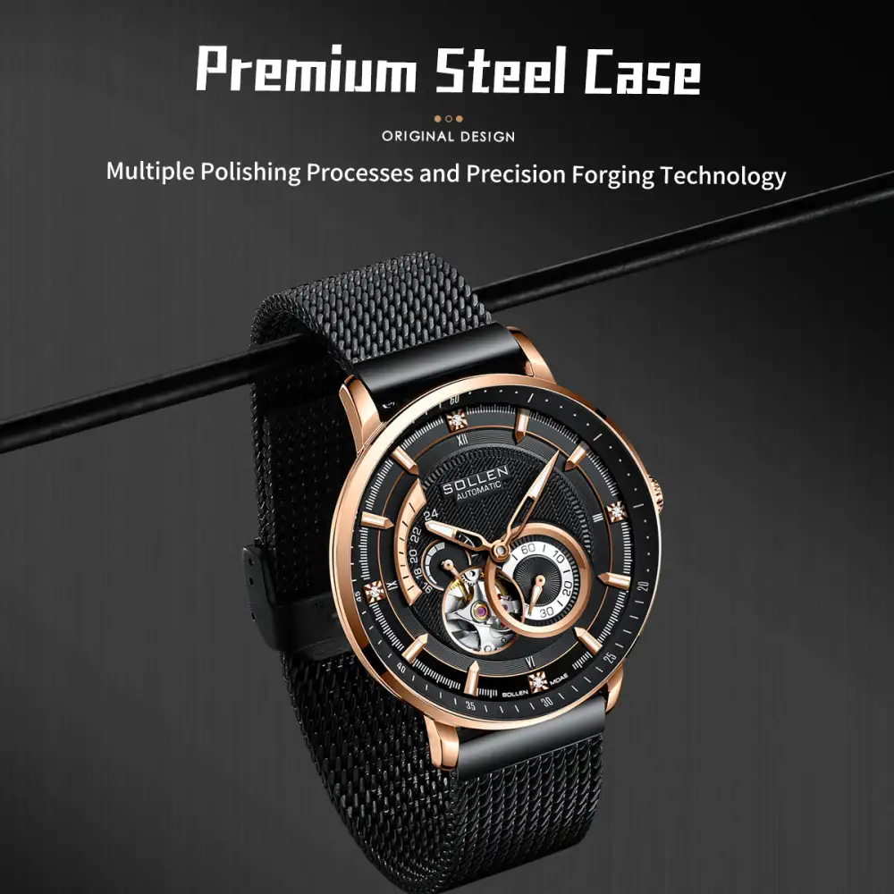 Sollen SL356 Men's Real Diamond Open Heart Automatic Watch - 42mm Stainless Steel Case Slim 9.9mm Sapphire Crystal Miyota Movement Bracelet Wristwatch