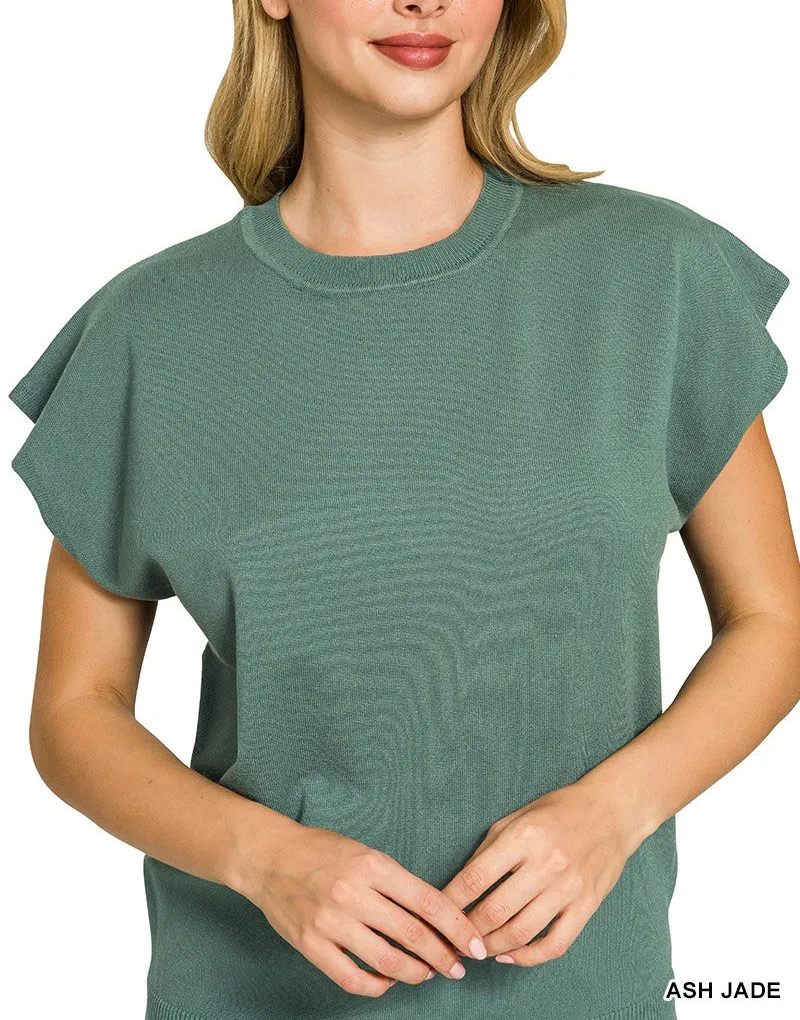 Ribbed Viscose Round Neck Short Sleeve Sweater Top