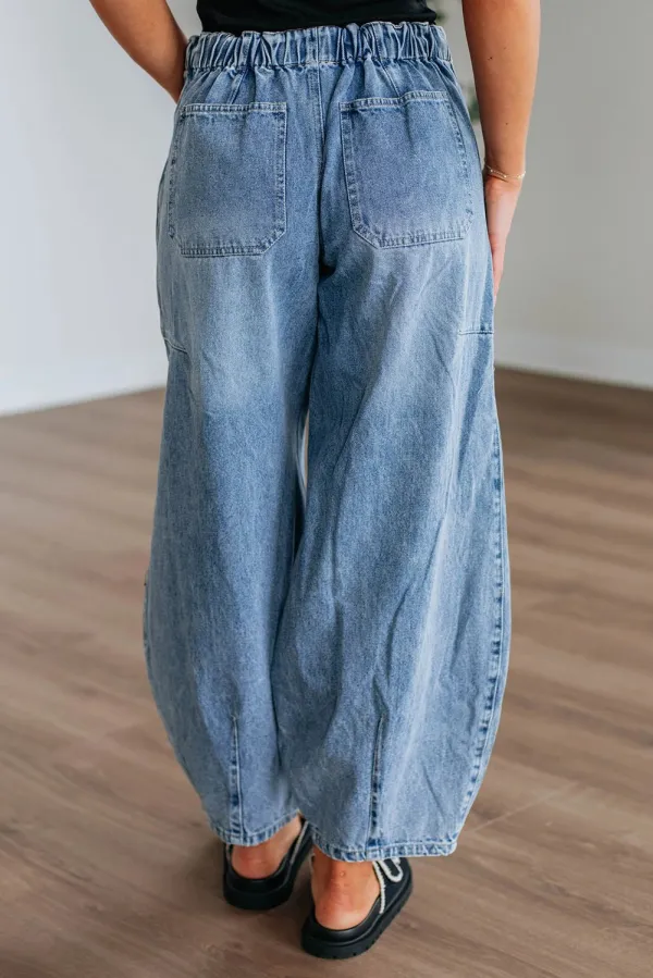 Paperbag Waist Drawstring Barrel Leg Patch Pocket Casual Jeans