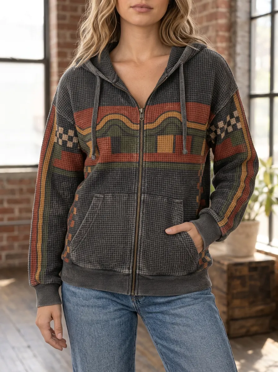 Women's Boho Geometric Pattern Printed Waffle Knit Zip Hoodie