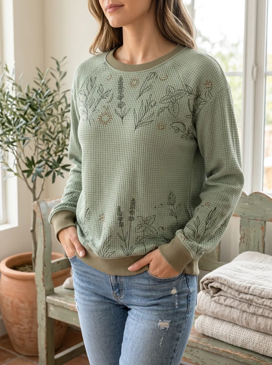 Women's Botanical Nature Lover Floral Printed Waffle Knit Sweatshirt