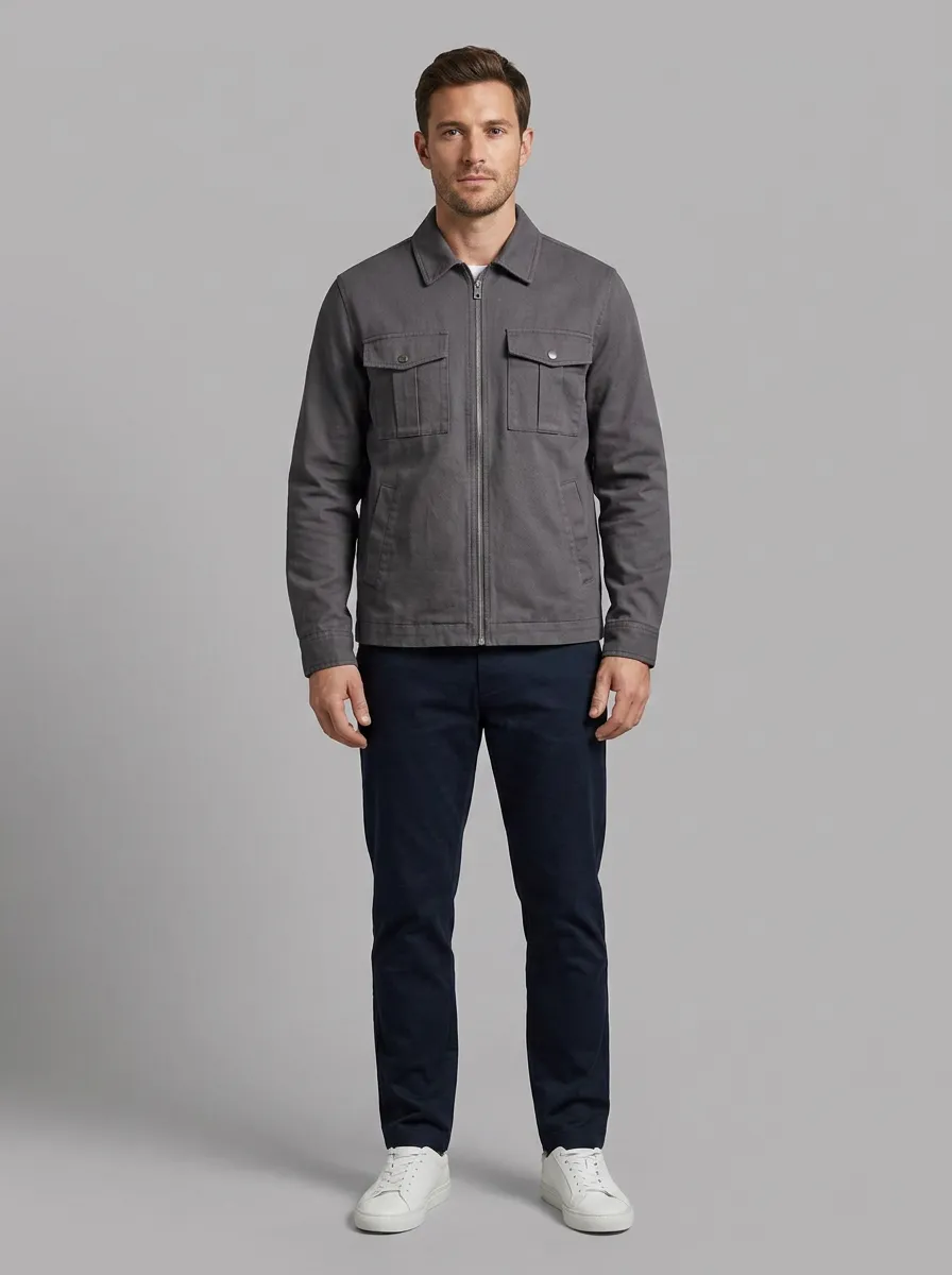 Men's Casual Minimalist Grey Solid Zip-Up Utility Jacket