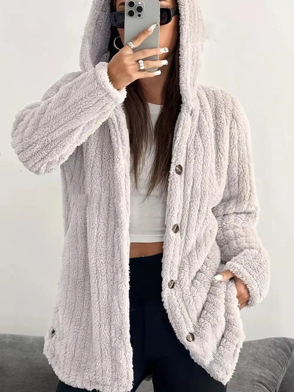 Full Size Fleece Button Up Hooded Outerwear Plus Size