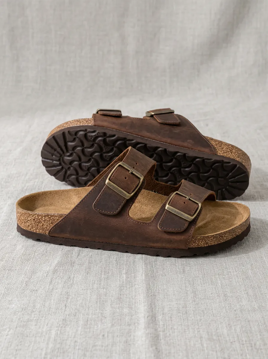 Unisex Two-Strap Buckle Classic Leather Cork Sandals