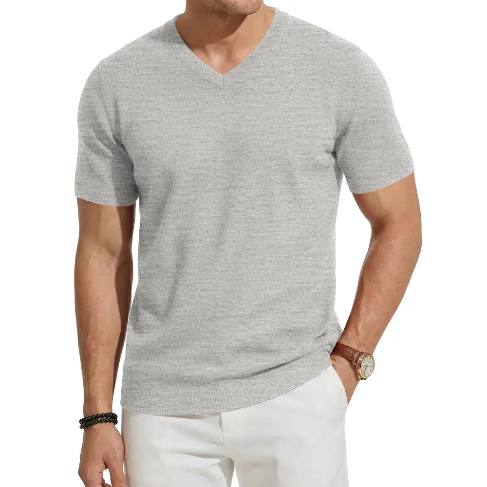 Men's Wool Blend Short Sleeve V-Neck Sweater Soft Textured Knit Pullover for Business Casual Wear