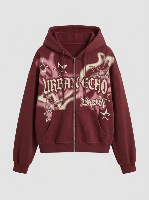 Unisex Streetwear Urban Echo Butterfly Star Printed Zip-up Hoodie