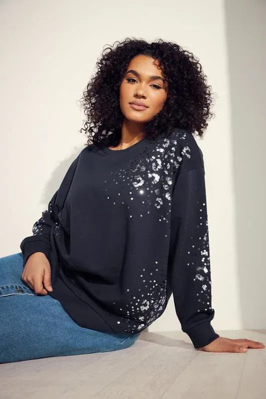 Navy Blue Leopard Sequin Embellished Sweatshirt