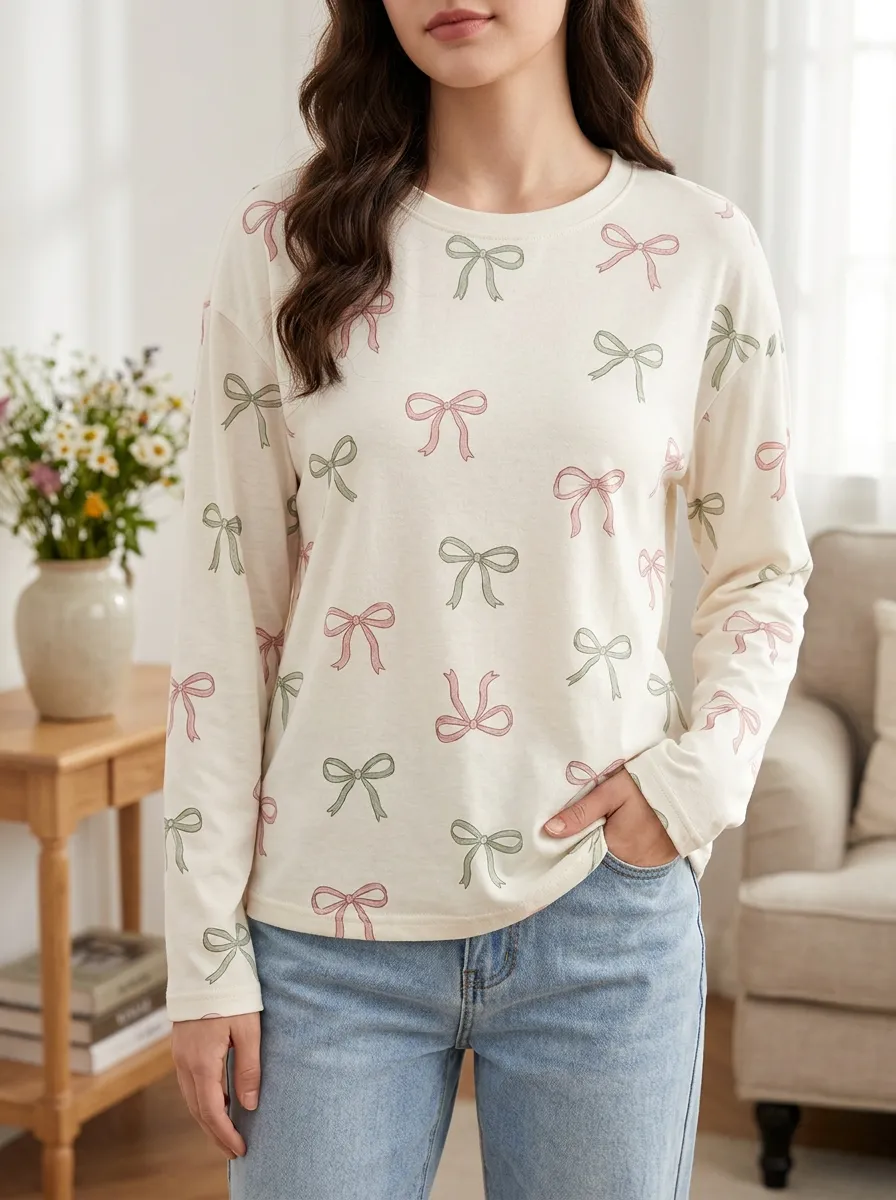 Women's Sweet Style Pink Green Bowknot Printed Long Sleeve T-shirt