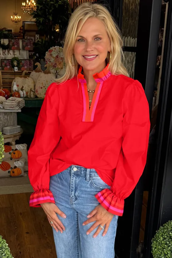 Fiery Red Striped Trim Ruffle Blouse
