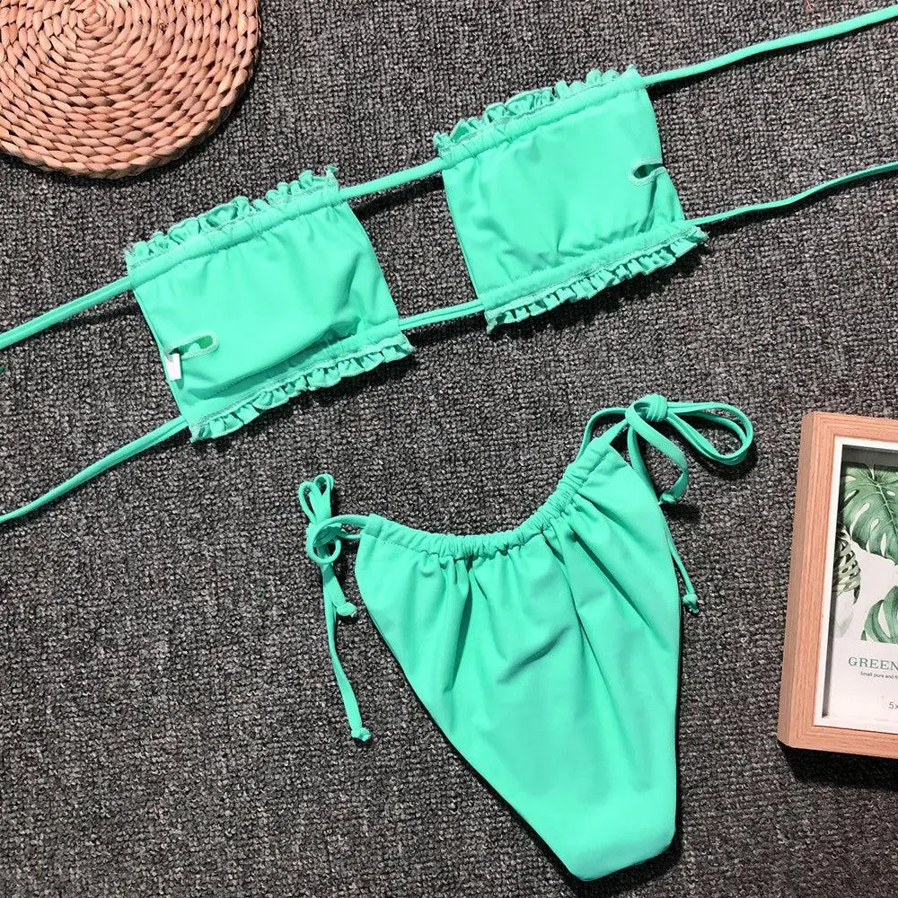 Frill Trim Ruched Bikini Swim Set