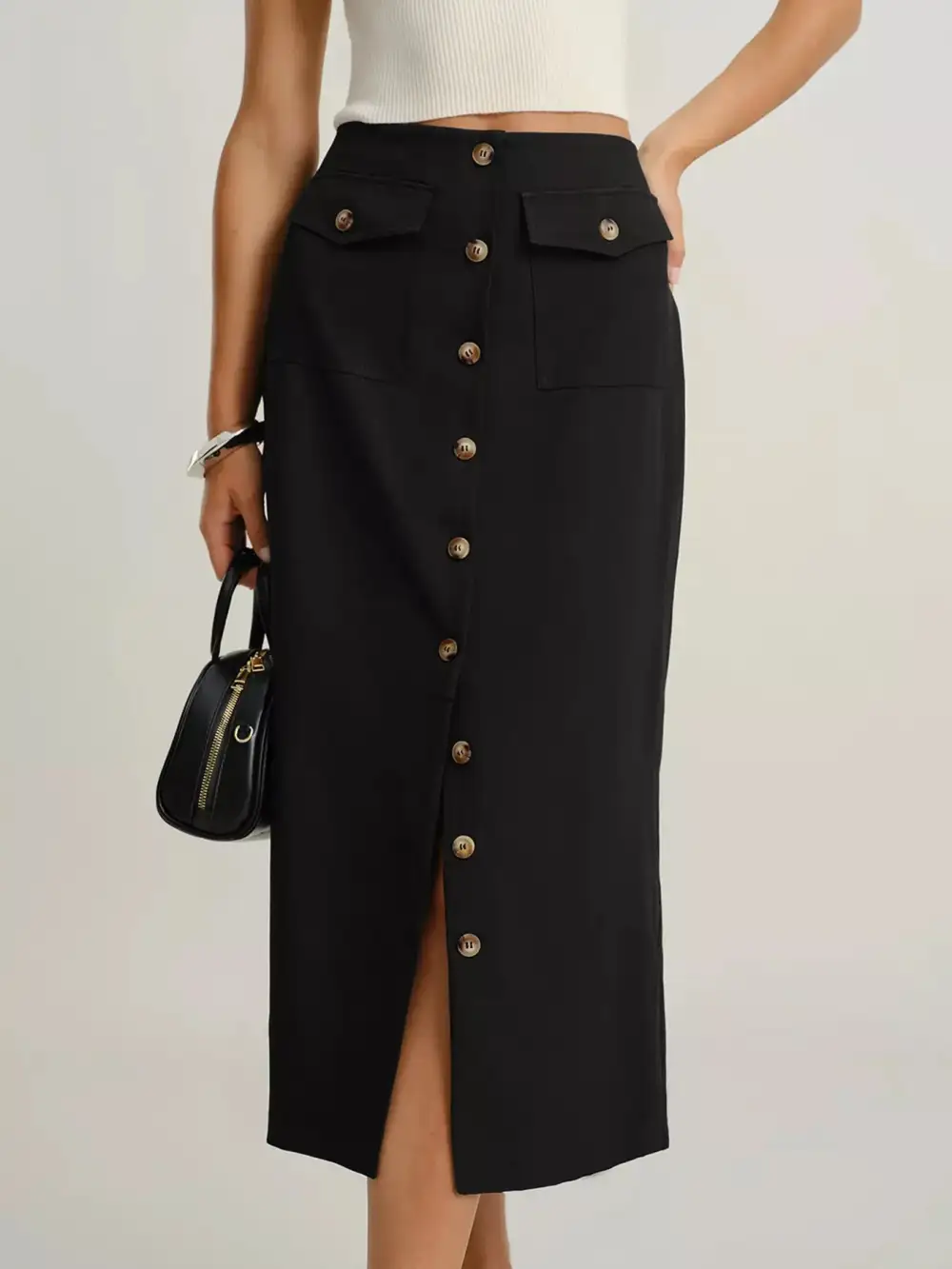Pocketed Button Front Midi Skirt