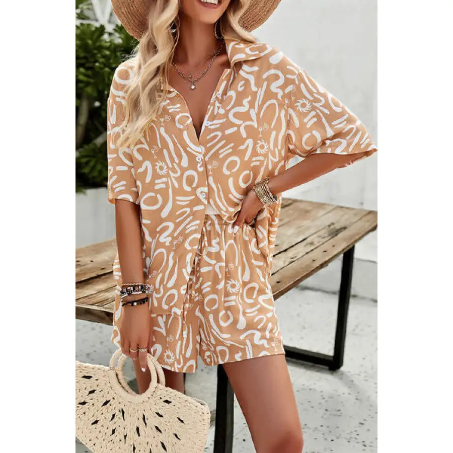 Vacation Printed Button Up Shirt and Shorts Set