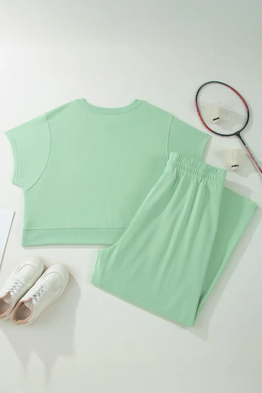 Women's Solid Color Ribbed Trim Short Sleeve Top Drawstring Loose Pants Two Piece Outfit
