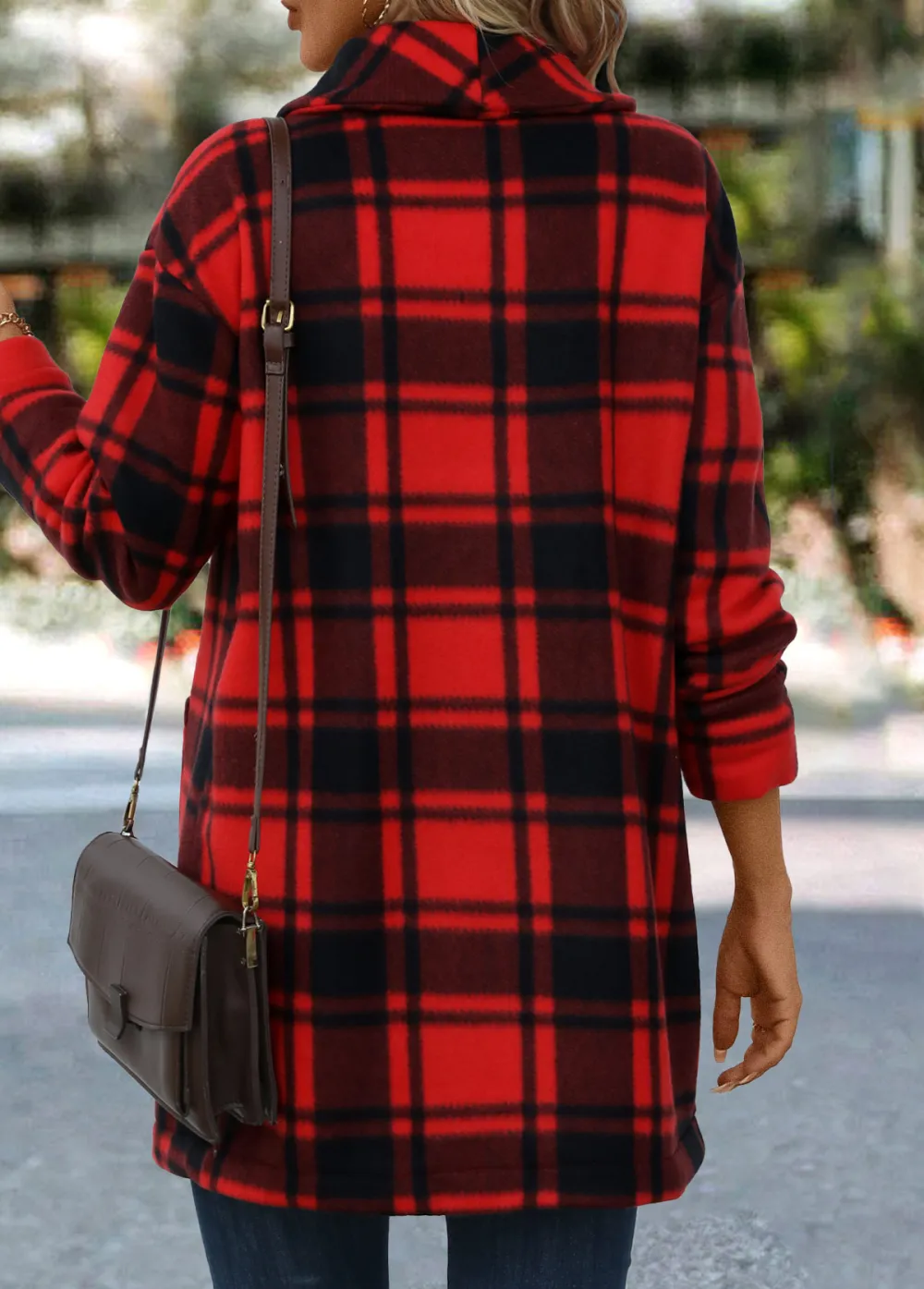 Red Pocket Plaid Long Sleeve Turn Down Collar Coat