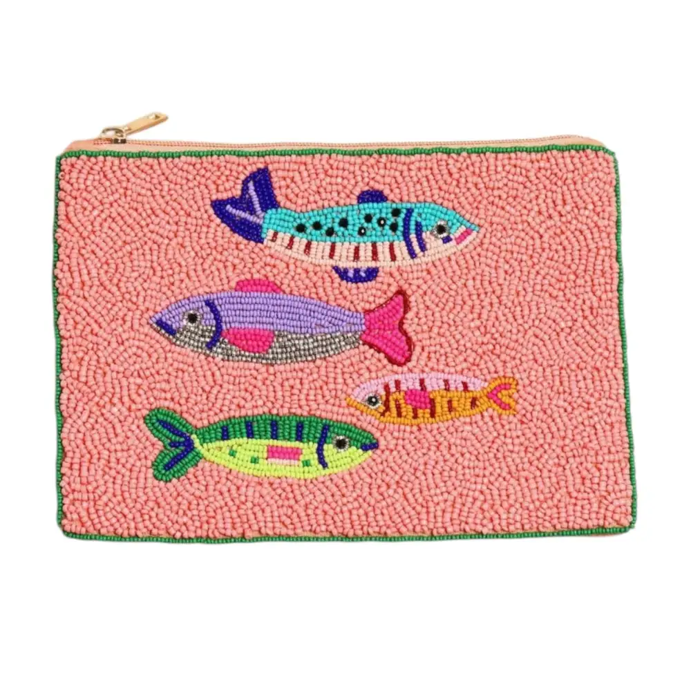Pink Fish Beaded Zip Pouch