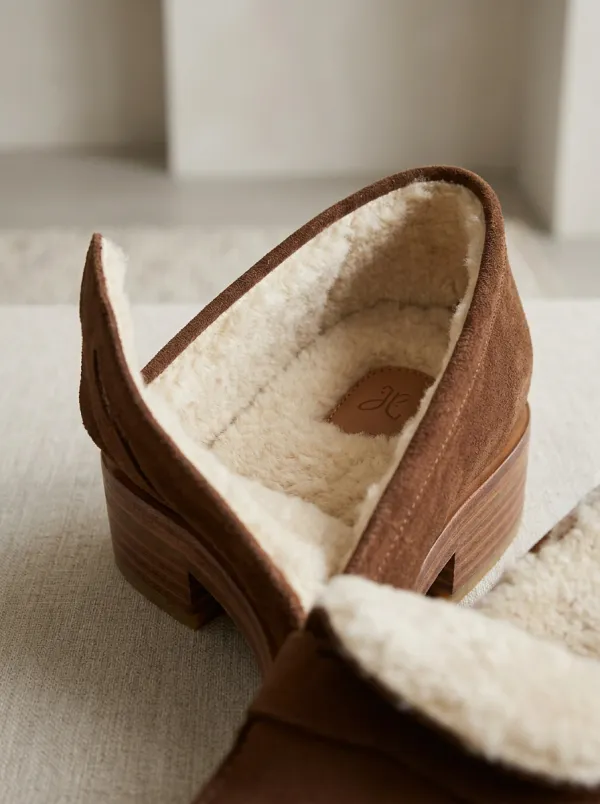 Women's Utility Faux Fur Lined Winter Suede Wood Sole Loafers