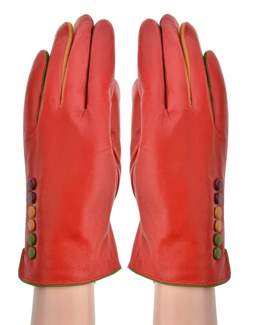 Three Tone Button Leather Gloves