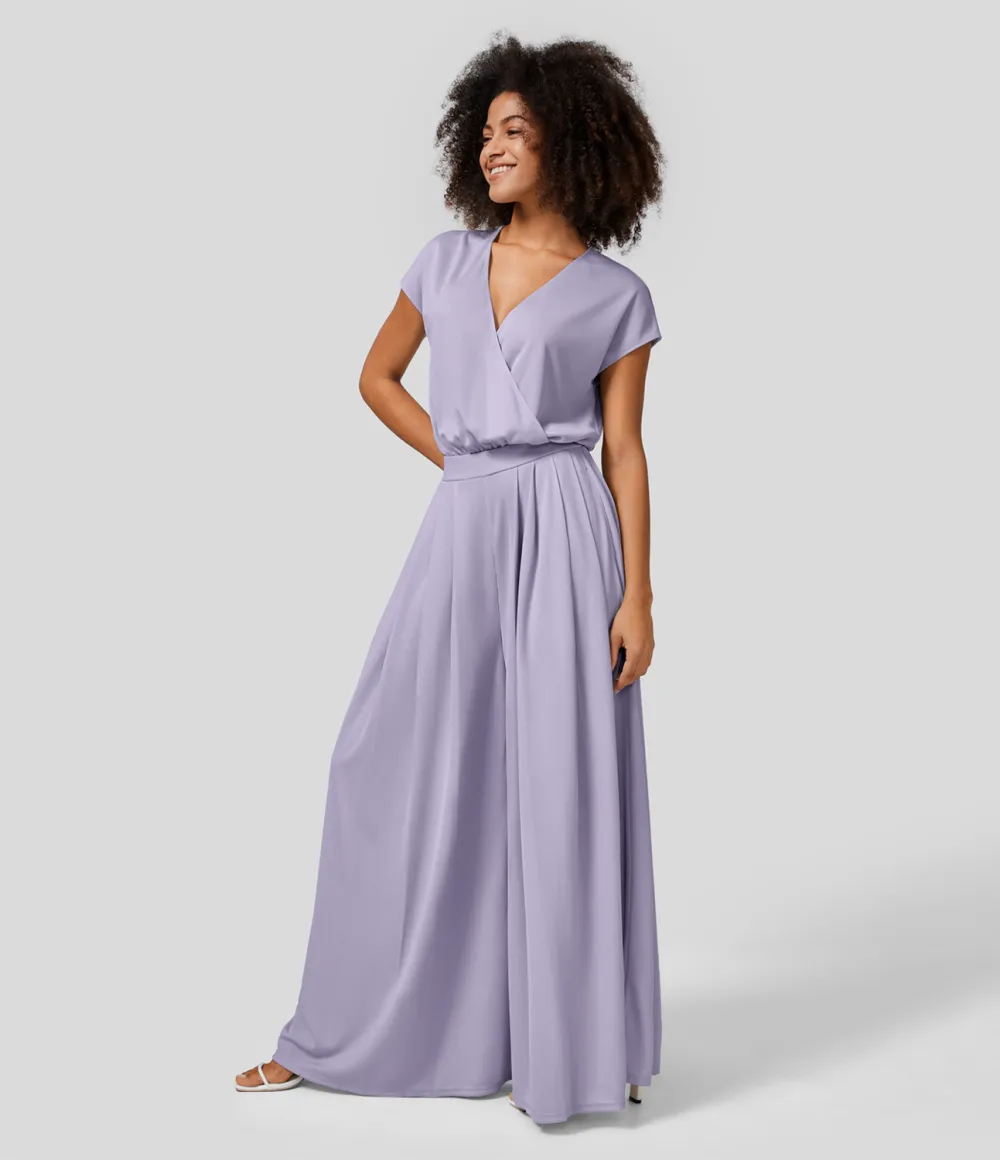 V Neck Short Sleeve Plicated Side Pocket Wide Leg Flowy Waffle Casual Jumpsuit