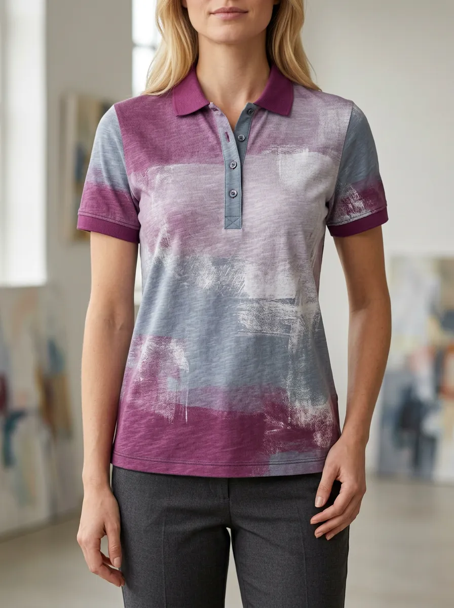 Women's Abstract Brushstroke Purple Grey Printed Polo Shirt