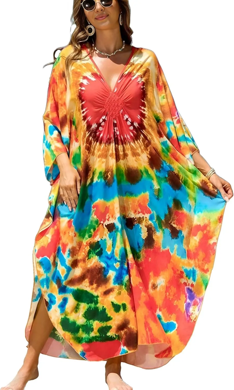 IMAGEKOPE Kaftan Dresses for Women Plus Size V-Neck Moo Moos Batwing Kaftan Beach Dress Bathing Suit Cover-Up Loungewear