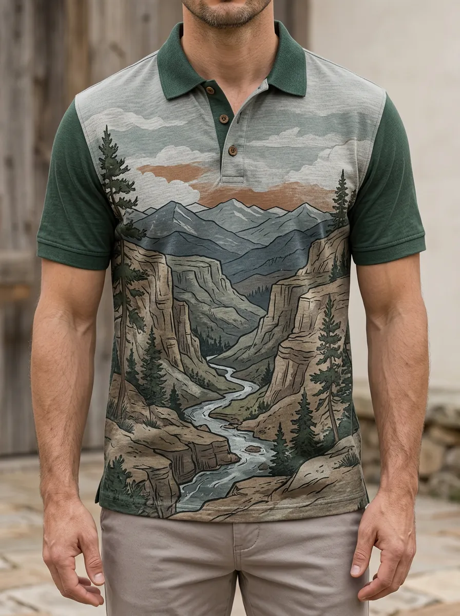 Men's Nature Lover Mountain River Landscape Printed Polo Shirt Easygoing Weekend Style