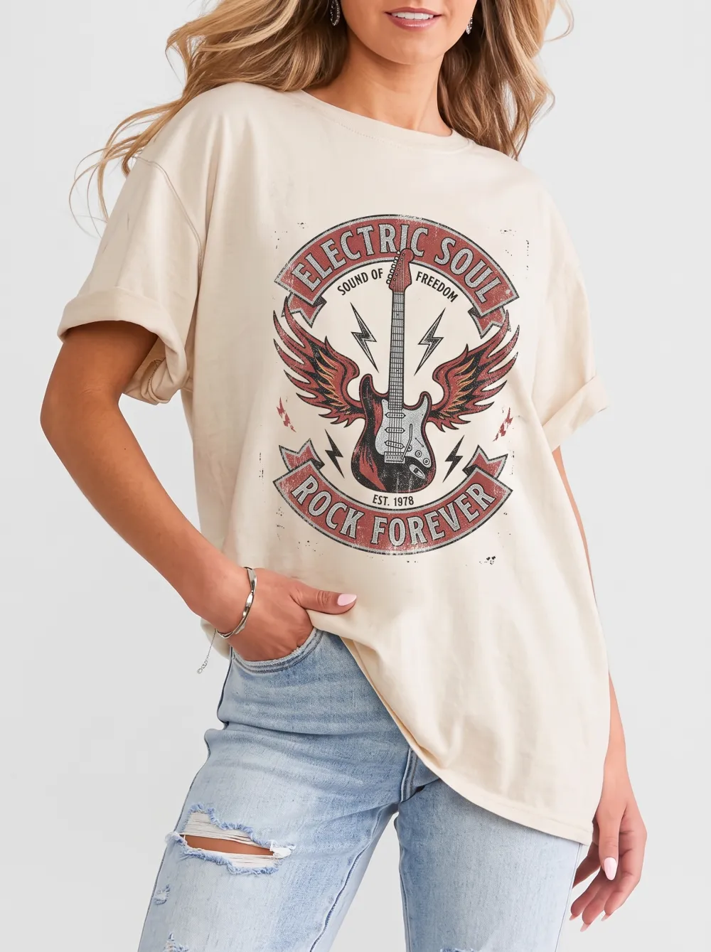 Women's Rock Music Lover Electric Guitar Wings Printed T-shirt