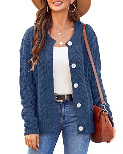 Women Loose Long Sleeve Crewneck Cable Knit Sweater Open Front Button Down Cardigan Soft Chunky Rid Outwear Coat