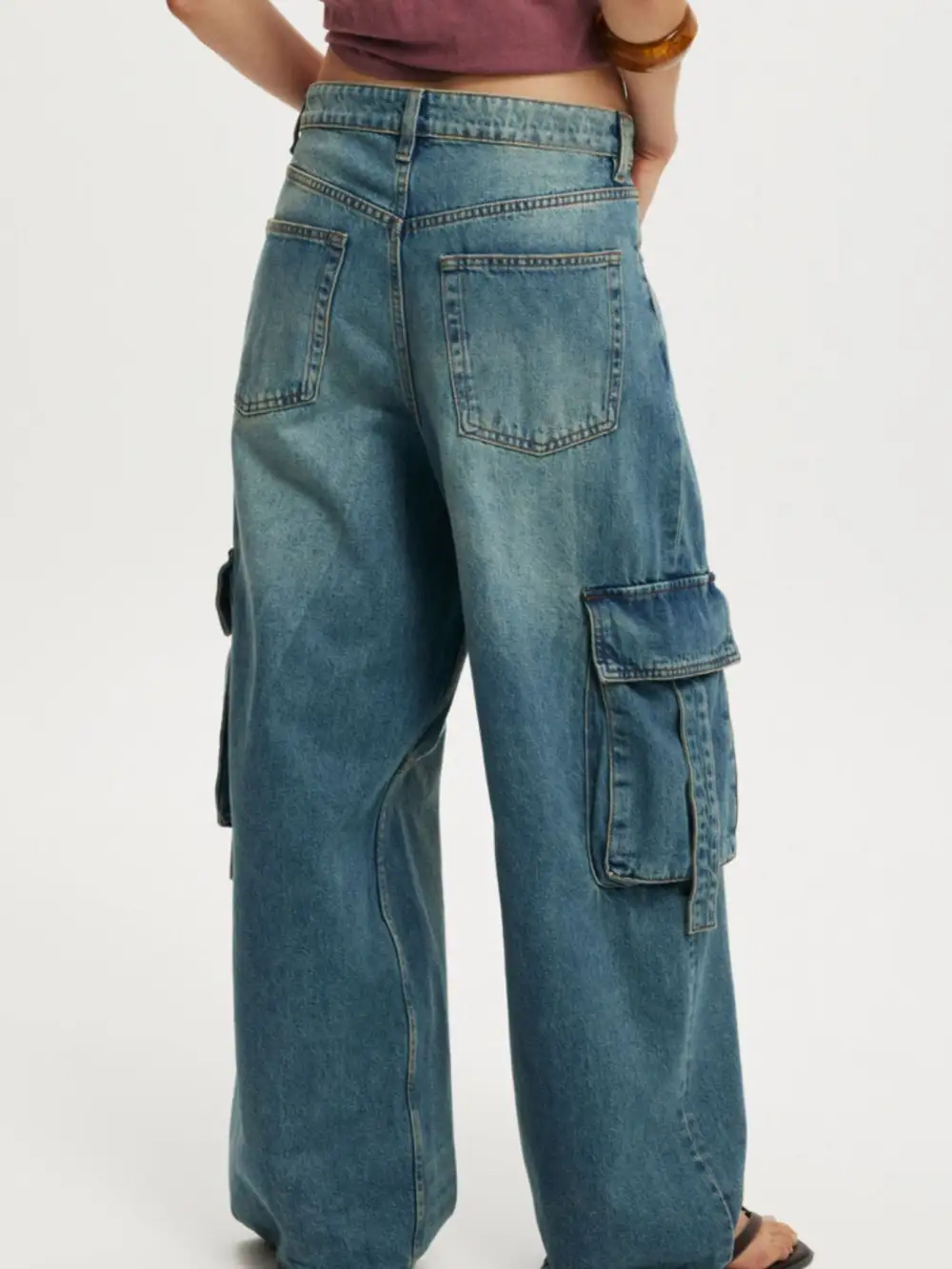 Vintage Wash Wide Leg Cargo Jeans