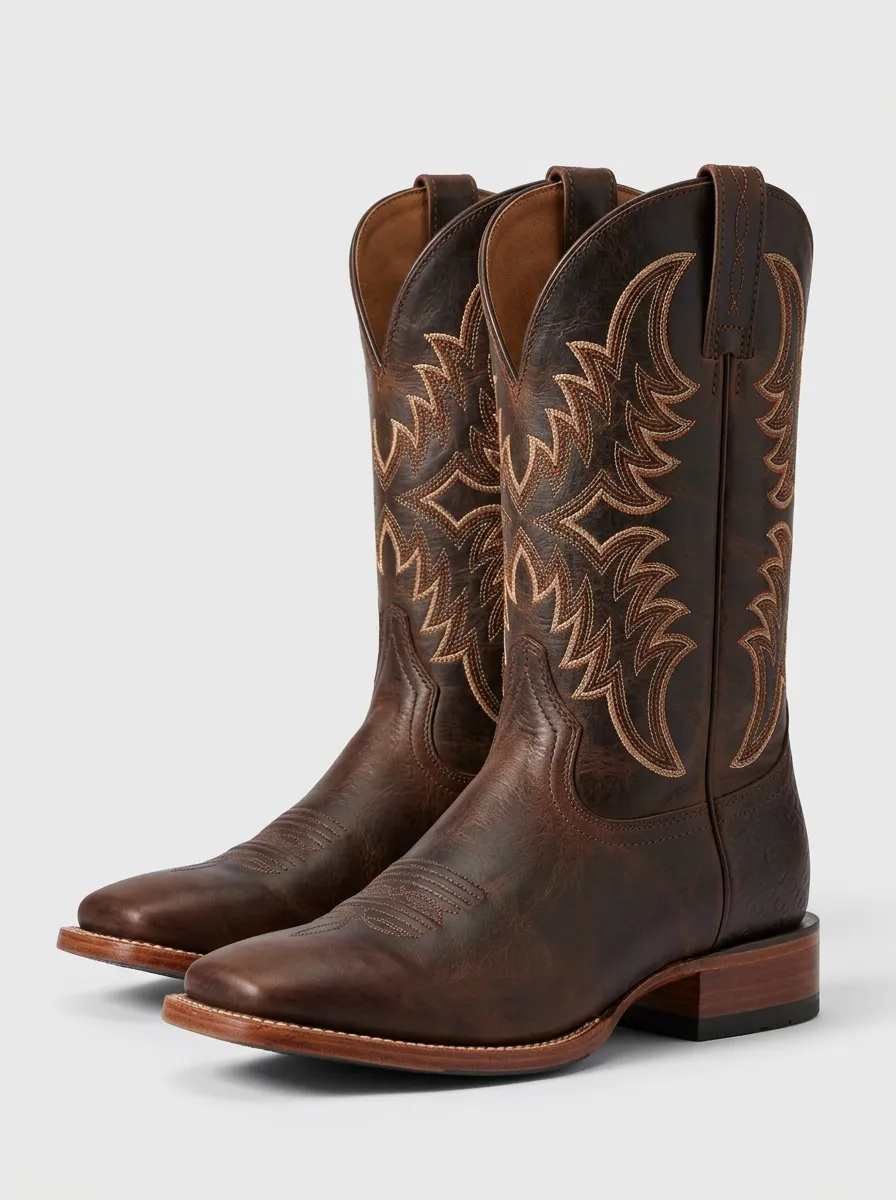 Men's Western Pull-On Embroidered Distressed Outdoor Straight-Leg Boots
