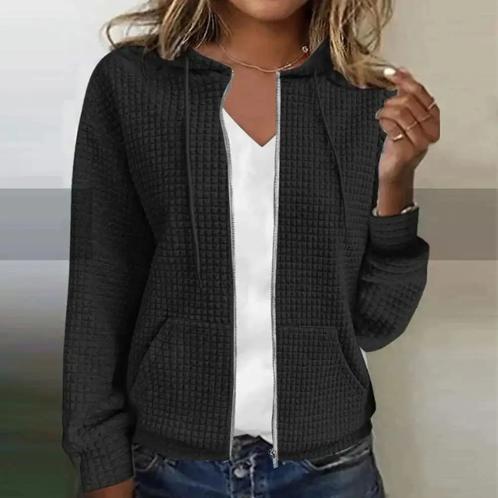  Waffle Knit Zip Up Hooded Jacket