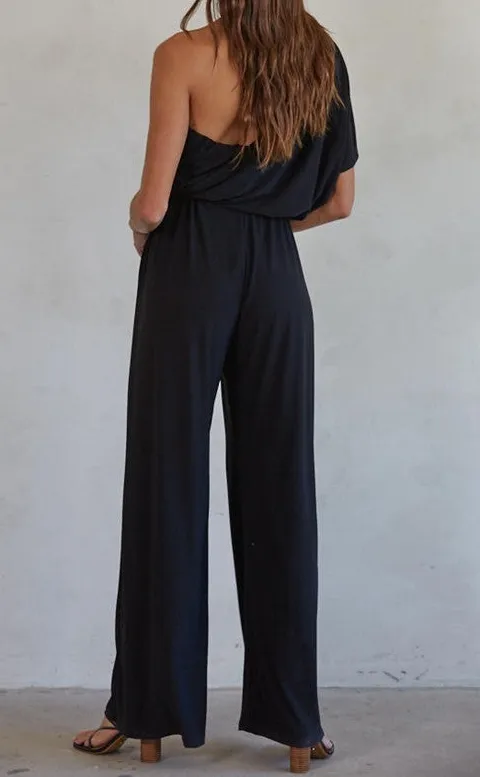 Navy One Shoulder Wide Leg Jumpsuit