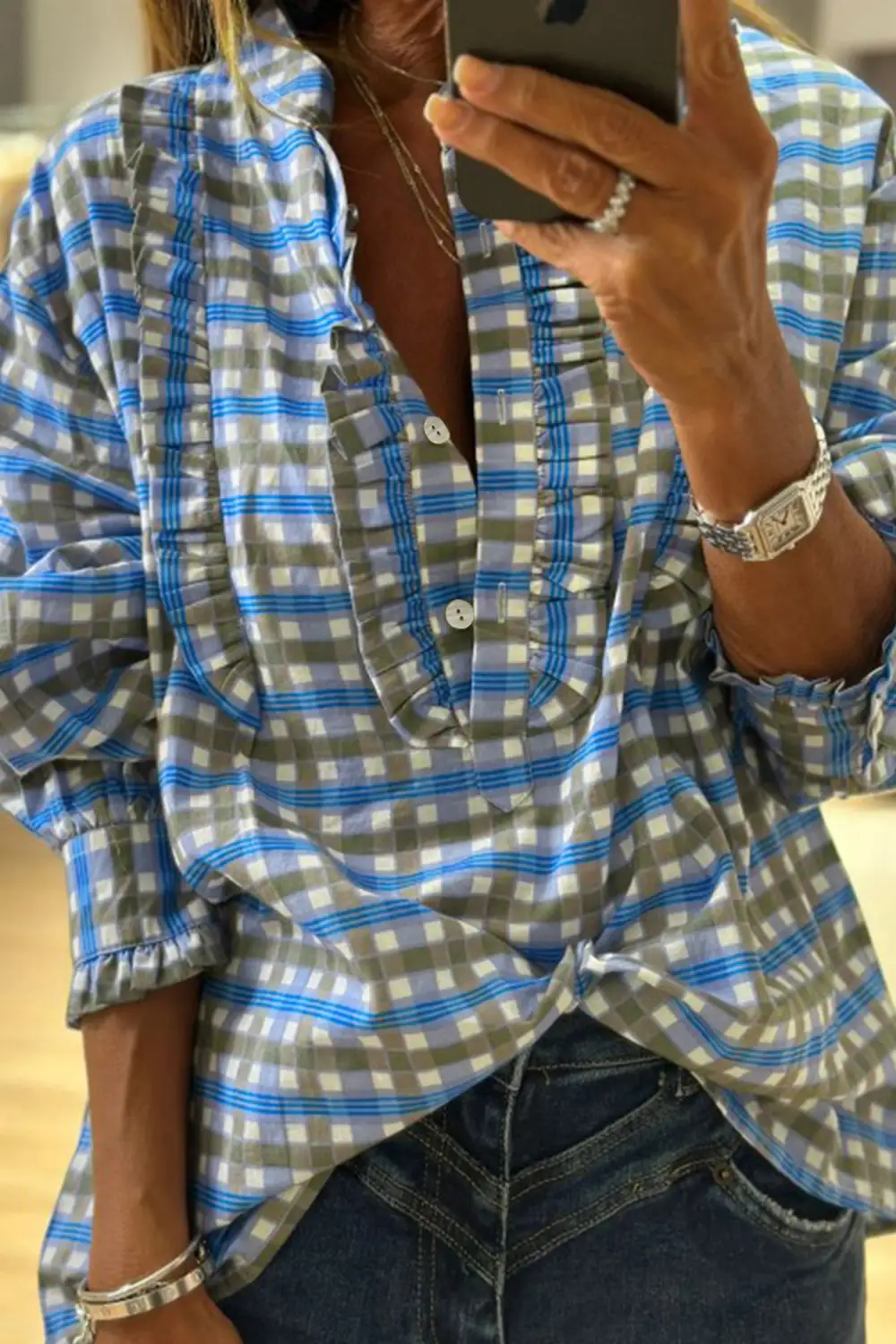 Women's Plaid Long Sleeve Half Button Top