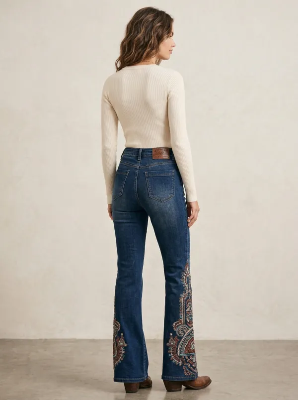 Women's Boho Paisley Pattern Printed Flare Jeans