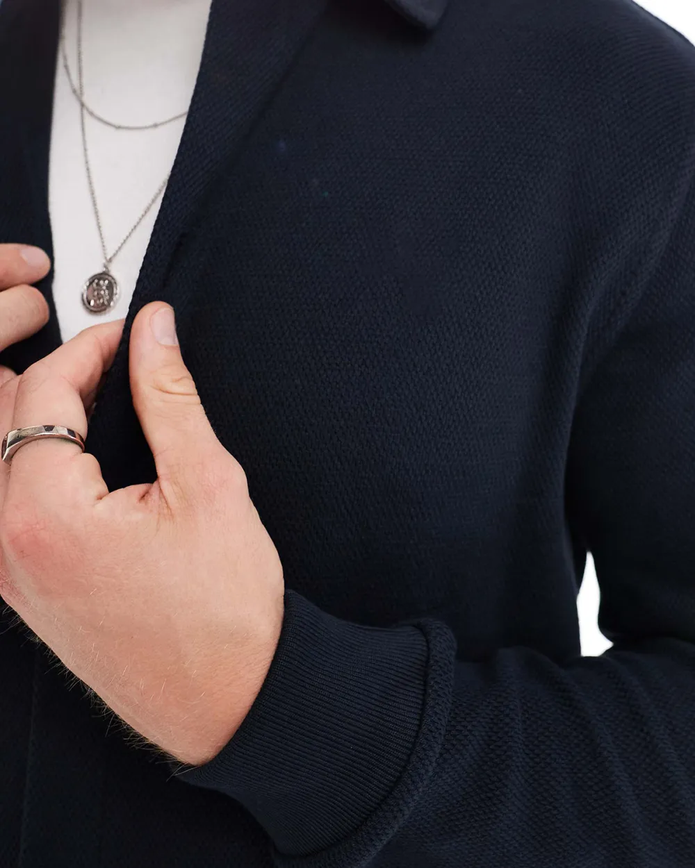 Long Sleeve Button Through Polo Shirt In Navy Blue Jersey