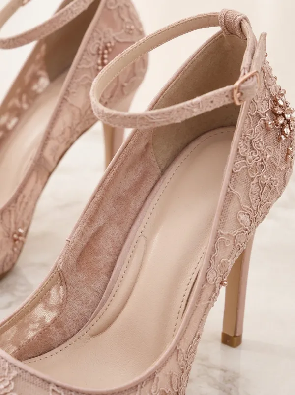 Floral Lace-Detail Embroidered Buckle-Strap Women's Formal High Heels