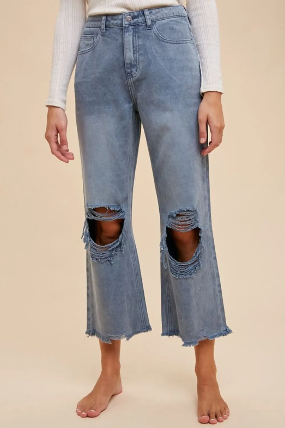 Washed Raw Hem Distressed Denim Jeans
