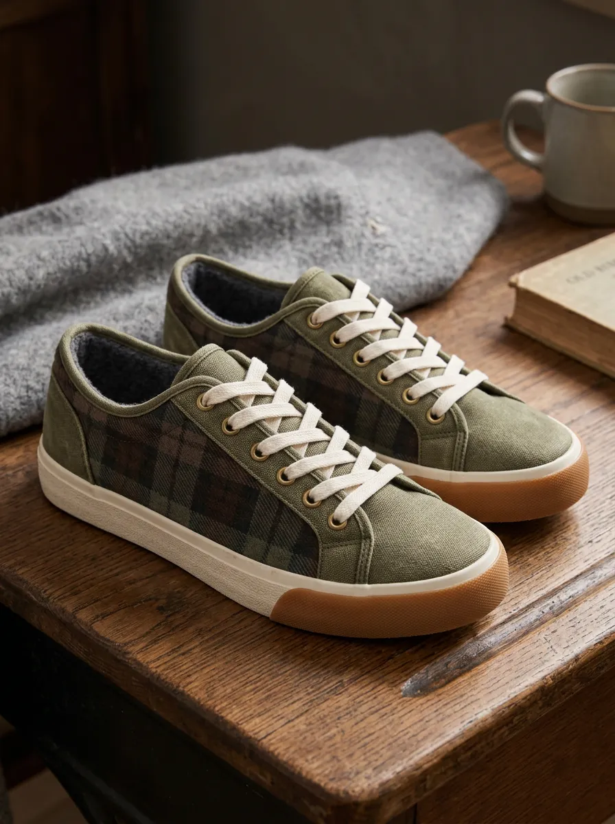 Men's Vintage Plaid Pattern Olive Green Printed Canvas Shoes