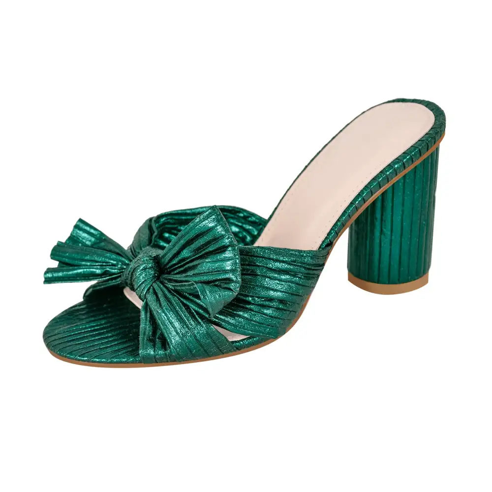 Round Toe Chunky Heel Bow Mule Sandals